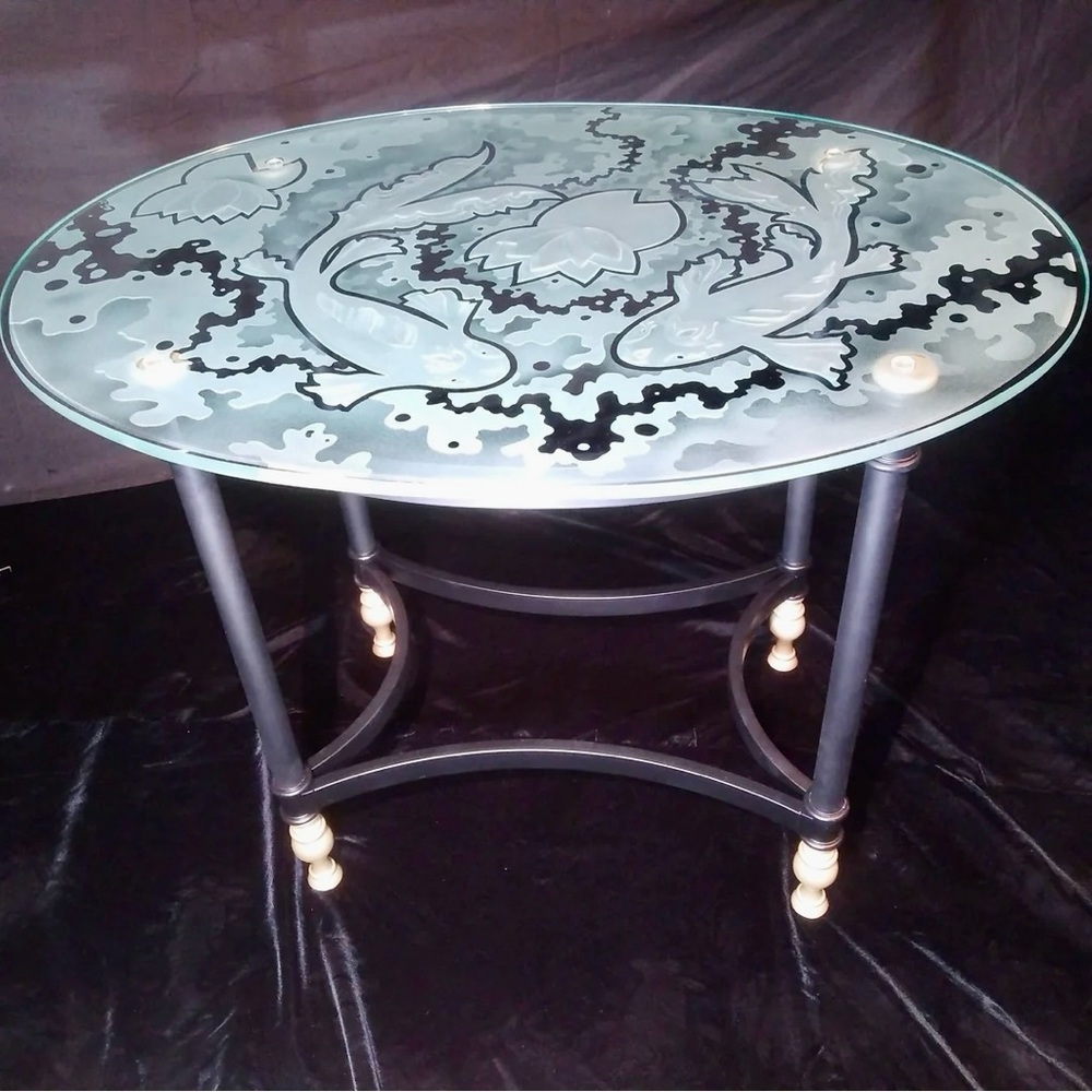 Peace Core Glass Art - Etched Glass Koi Fish Pond Table